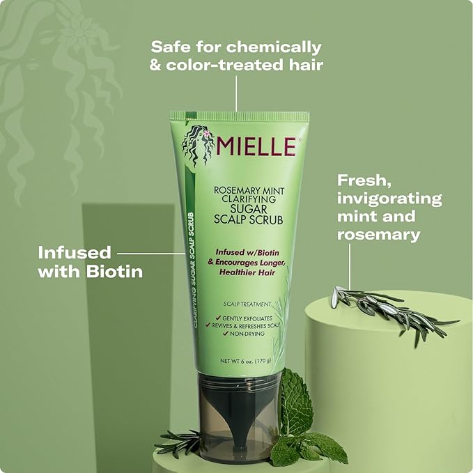 Mielle Organics Rosemary & Mint Sugar Exfoliating Scalp Scrub - Gentle Pre-Shampoo Dry Scalp Treatment for Oil & Product Buildup - Biotin Infused Non-Drying, Moisturizing Formula (6 Fl Oz)
