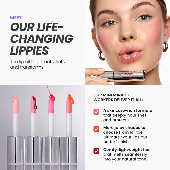 Wonderskin Lip Oil Rehab Serum - Tinted Lip Oil, Hydrating, Moisturizing, and Non-Sticky Coral Pink Tint Serum for Dry Lips (Lover)