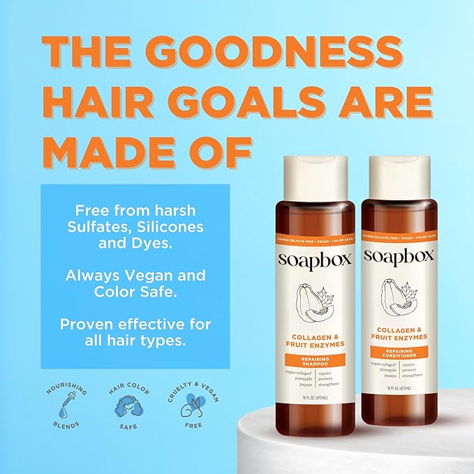 Soapbox Collagen Shampoo & Conditioner, For Dry, Fine or Thin Hair, Strengthening with Collagen & Peptides for Fuller Looking Hair, 16oz Each (Pack of 2)