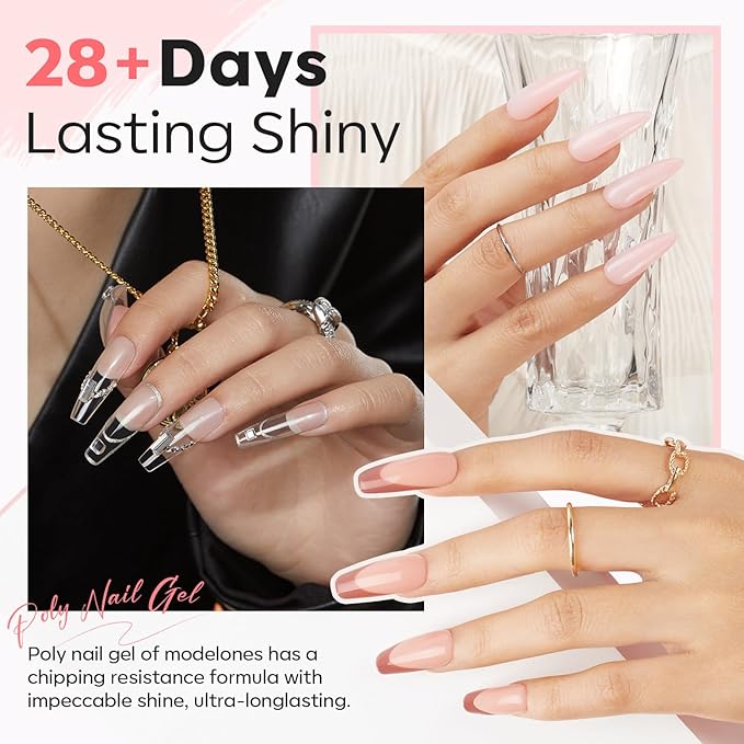 Modelones Poly Extension Gel Nail Kit, 6 Colors Pink Nude with 48W U V/LED Lamp Slip Solution 3D Bow Pearl Charms Decoration Rhinestone Glitter Tools for Manicure Beginner Starter Kit DIY at Home