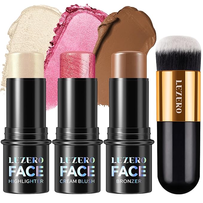 Lezero 3Pcs Contour Stick Makeup Kit, Shades with Highlighter, Blush and Bronzer Stick for Sculpt the Face and All Skin Type, Long Lasting, Smooth, Dewy & Matte Finish, LIGHT