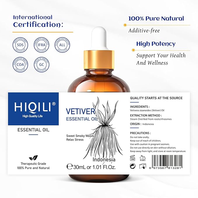 HIQILI 1 Fl Oz Vetiver Essential Oil, 100% Pure Natural for Skin, Candle Making - 30ml