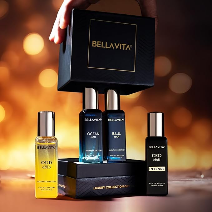 BellaVita Luxury Collection Eau De Parfum Gift Set (4x20ml) | Premium Unisex Perfume Set | Notes of Aqua, Musk, Amber and Bergamot | Includes OUD GOLD, OCEAN, B.L.U. & CEO Intense | Perfume Gift