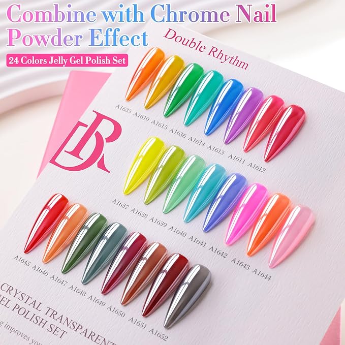 Double Rhythm 28Pcs 0.5Oz Gel Nail Polish Set Same Color Same Bottle Soak Off Gel Polish Kit Nail Art Manicure Salon DIY at Home for Women (Neon Jelly Sheer Collection-T24-11)