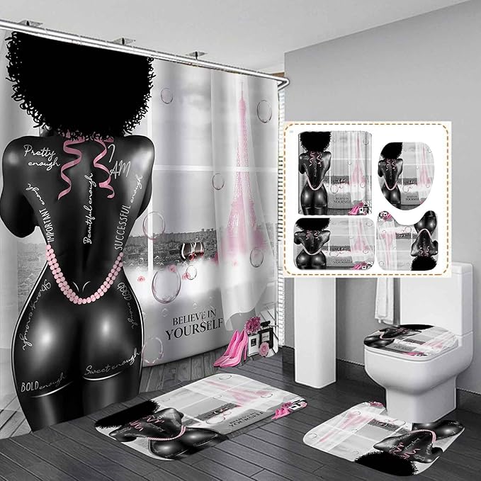 4PCS African American Black Girl Shower Curtain Set, Pink Eiffel Tower Sexy Black Woman Afro Girl Black and White Fashion Glam Modern Bathroom Decor, Non-Slip Bath Mat, Inspirational Gifts for Women