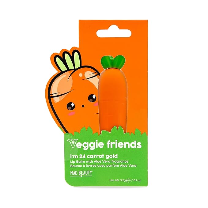 Mad Beauty Veggie Friends Carrot Lip Balm | Aloe Vera Scent | Cute and Moisturizing Lip Care | Cruelty-Free | Gift for Beauty Lovers