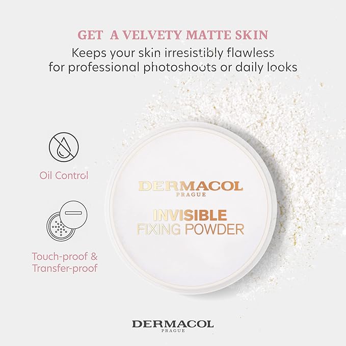 Dermacol - Invisible Fixing Face Powder, Touch-proof Translucent Setting Powder for Oily Skin & Other Skin Types, Loose Powder Makeup, Frangrance-Free Matte Powder with Powder Puff, White, 13.5 g