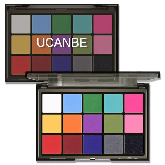 UCANBE Halloween Makeup Palette, 15 Colors Matte Black White Red Blue Green Purple Pink Eye Shadow, High Pigmented Blendable Bright & Dark Shade Pallet for Cosplay SFX Costume Stage Parties