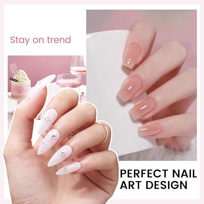 Jelly Gel Nail Polish Kit with U V Light, Hema-Free Milky Jelly White Pink Nude Orange Gel Polish Set with Base & Top Coat Chrome Nail Powder, 4 Colors Mini Salon Nail Art Starter Gift for Women Girl