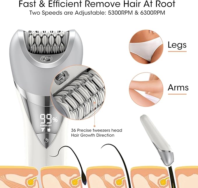 Epilator for Women, 7 in 1 Epilator Hair Removal for Women, Shaver, Bikini, Face Razor, Facial Brush, Face Massage and Body Exfoliator, IPX6 Waterproof Painless Lady Shaver Wet & Dry (White)