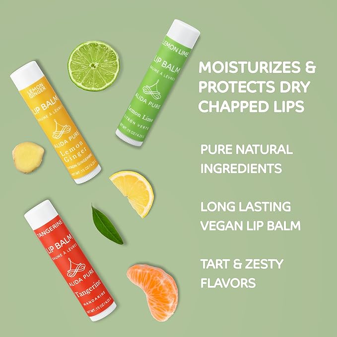 Citrus Lip Balm Collection, Vegan Lip Balm Set, Bees Wax Free, Coconut Oil Free, Avocado Oil, Organic Jojoba Oil, Vitamin E, Natural Moisturizer For Dry Cracked Lips, 3 Tube Set