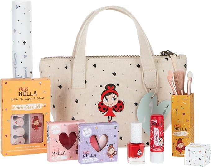 MISS NELLA Kids Bag of Glamorous Picks Makeup & Nail Polish Set Safe and Fun Gift - Hypoallergenic, Dermatologically Tested Kid-Friendly, Non-Toxic, Cosmetic Bag Included – Special Edition