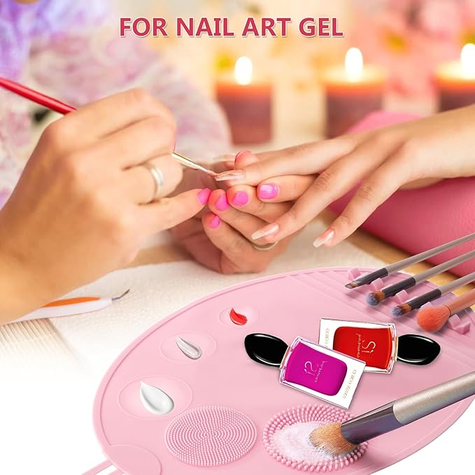 Makeup Palette, 3 in 1 Silicone Makeup Mat with Brush Cleaner and Vanity Protector Design for Mixing Foundation Eye Shadow Nail Art Gel, Cosmetic Brush Washing, Easy to Clean, Pink