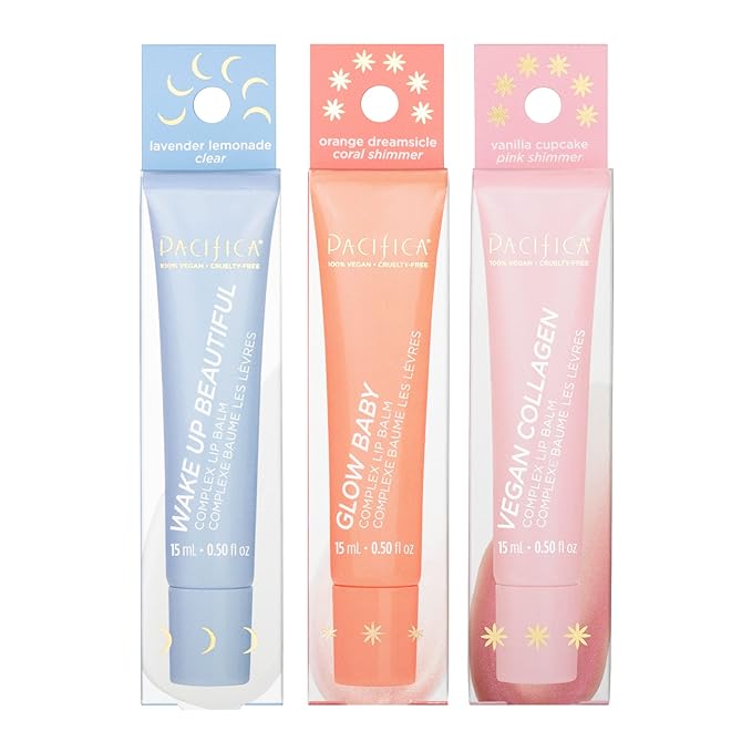 Pacifica Beauty Complex Lip Balm Trio Set, Makeup, Glow Baby, Wake Up Beautiful, Vegan Collagen, Lip Gloss, Orange, Lavender, Lemon, Vanilla, Non Sticky Formula, 0.30 fl oz Each (Set of 3)