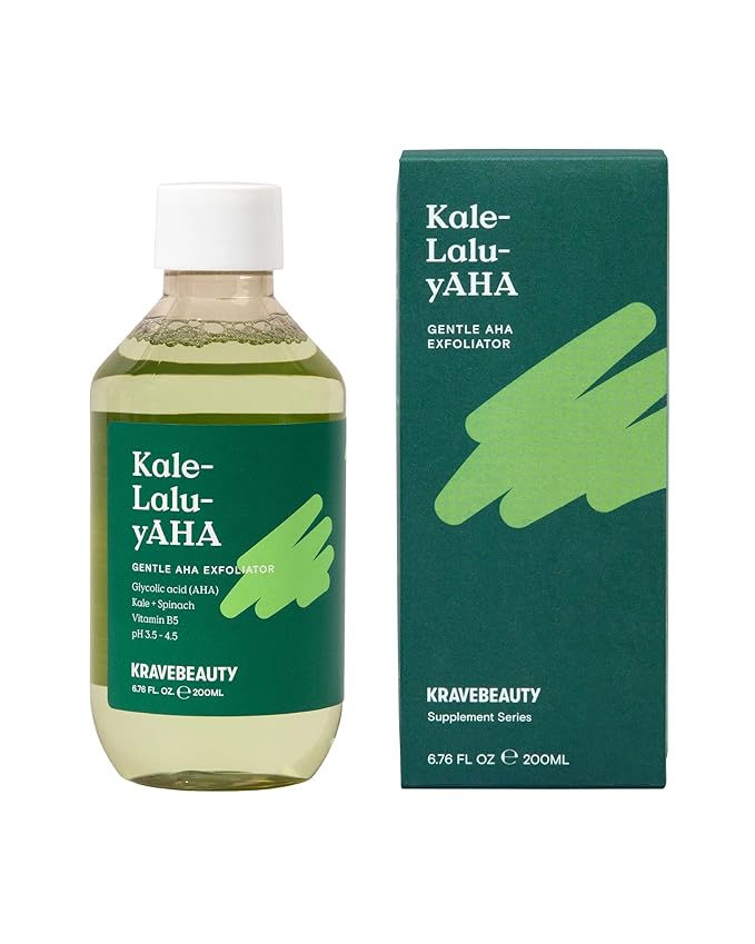 Krave Beauty Kale-Lalu-yAHA - Gentle 5.25% AHA Exfoliator with Glycolic Acid, Hyaluronic Acid, and Vitamin-Rich Kale for Texture, Discoloration, and Dead Skin Cells, Vegan and Cruelty-Free, 6.76 fl oz