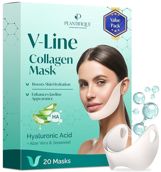 PLANTIFIQUE V-Line Collagen Mask for face 20 PCS | Chin Strap for Women & Men | V Line Lifting Mask with Collagen and Hyaluronic Acid V Shape Face Tape Chin | Skin Firming