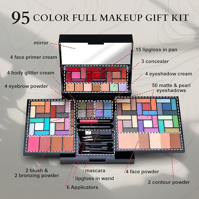 Color Nymph Makeup Kit For Women With Mirror, Full Makeup Gift Set 95 Colors Includes 50 Matte & Pearl Eyeshadow Palettes And Lipgloss Face Powder Bronzes Blushes Applicators