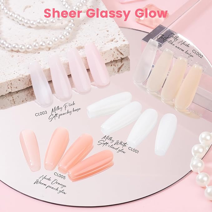 Jelly Gel Nail Polish Kit with U V Light, Hema-Free Milky Jelly White Pink Nude Orange Gel Polish Set with Base & Top Coat Chrome Nail Powder, 4 Colors Mini Salon Nail Art Starter Gift for Women Girl