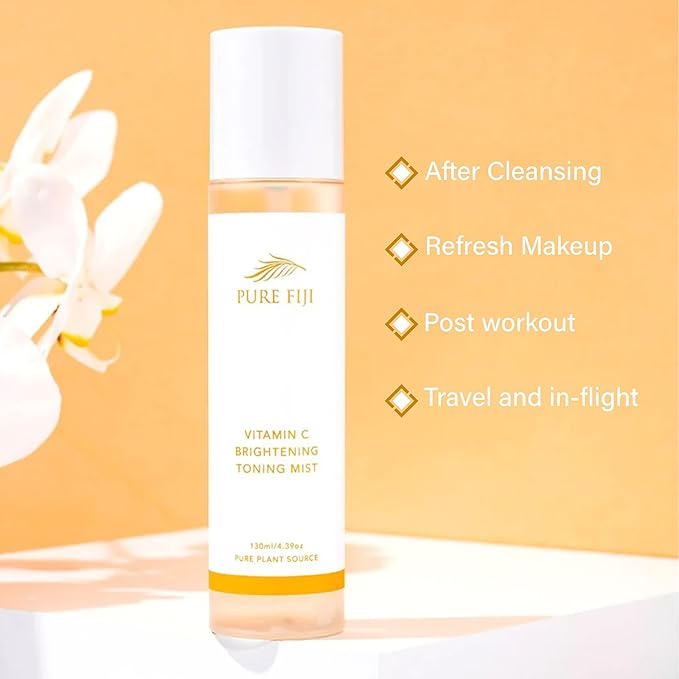 Pure Fiji Face Toner Mist with Vitamin C for Brightening & Refreshing Antioxidant Face Mist Hydrating Spray Helps Even Skin, Smooths Fine Lines and Wrinkles (4.4oz/130ml)