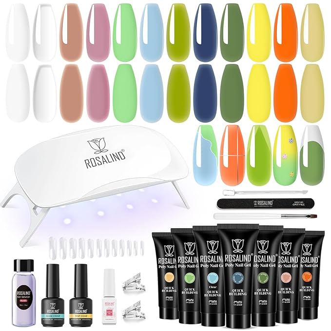 ROSALIND 12PCS Poly Nail Gel Kit with Mini Nail Lamp Nude Brown Cherry Pink Poly Extension Gel Kits