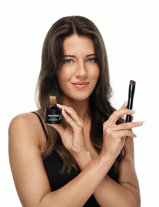 Thick Fiber Root Touch Up Powder, Medium Brown - Water & Sweat Resistant Hair Loss Concealer Set with Brush for Thin Hairlines and Gray Root Coverage