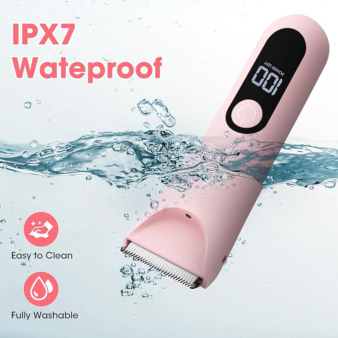 Bikini Trimmer for Women, Painless Pubic Hair Trimmer for Armpit Leg Arm Body Private Area,Rechargeable Womens Electric Razors Shaver LED Light Ceramic Blade IPX7 Waterproof Wet/Dry LCD Display,Pink