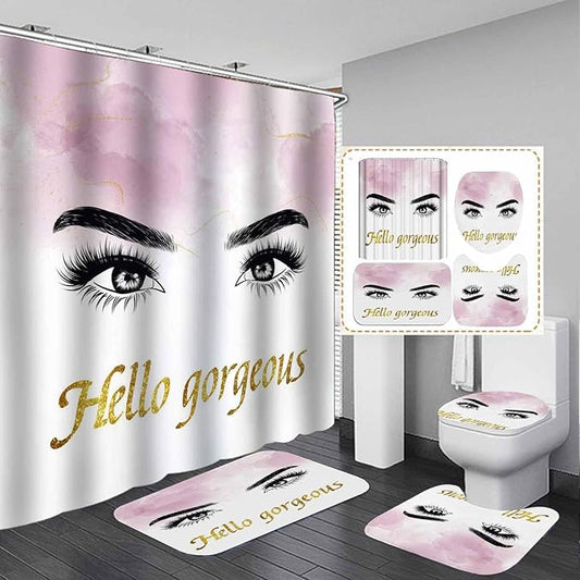4PCS Hello Gorgeous Eyelash Shower Curtain Set, Gold Glitter Quotes Black Eyebrow Makeup Pink Marble Glam Modern Fashion Girly Women Bathroom Decor, Non-slip Bath Mat Toilet Rug, Charming Eyes