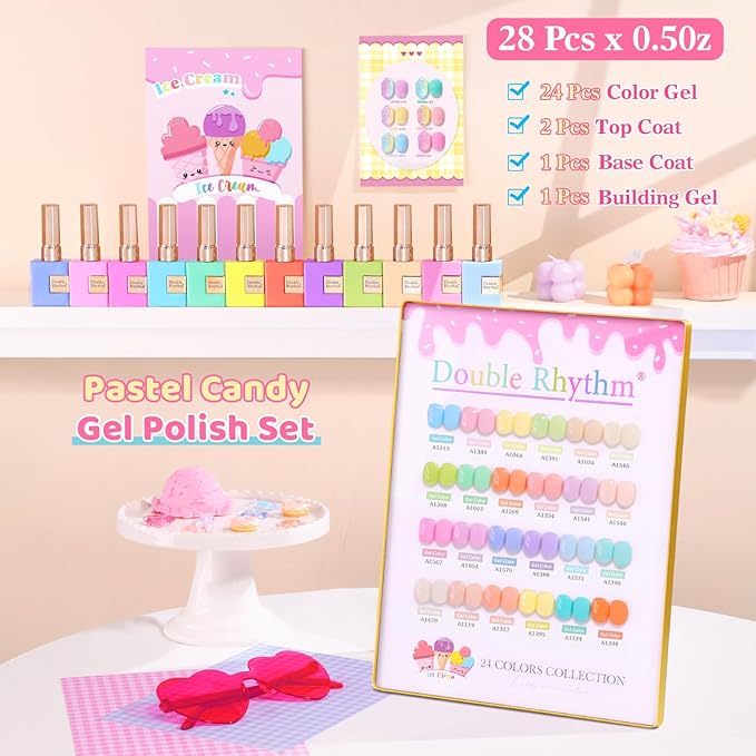 Double Rhythm 28Pcs 0.5Oz Gel Nail Polish Set Same Color Same Bottle Soak Off Gel Polish Kit Nail Art Manicure Salon DIY at Home for Women (Pastel Candy Collection-T24-5)