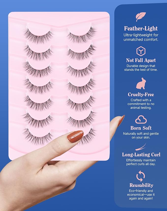 Short Lashes Natural Look Everyday Wispy Eyelashes Mink Flared Eyelashes Strip False Eye Lash Soft Clear Band 7 Pairs SF-05