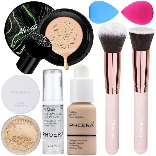 PHOERA Foundation Full Coverage Makeup, Mushroom Head Air Cushion CC Cream Natural Foundation, PHOERA Primer, PHOERA Powder, Brushes Foundation Brush,2 Makeup Sponge (103Warm peach + 03Warm NudeCC)