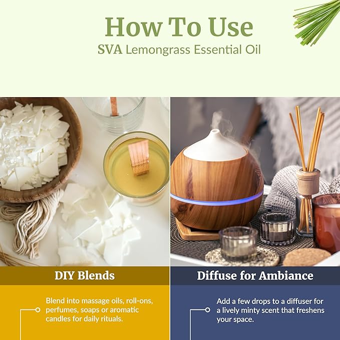 SVA Lemongrass Essential Oil – 4 Fl Oz – 100% Natural Lemongrass Oil - for Diffuser, Hair Care, Face, Skin Care, Aromatherapy, Scalp and Body Massage, Soap and Candle Making - with Dropper