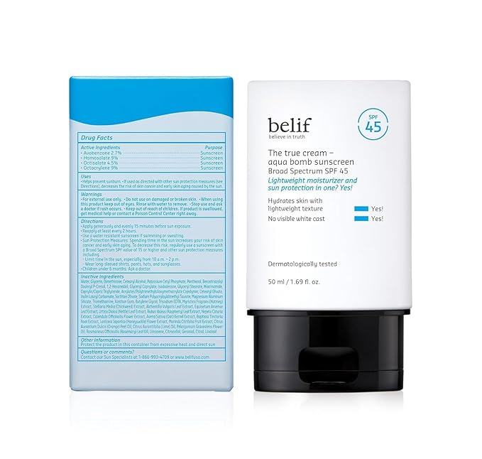 belif Aqua Bomb SPF 45 Hydrating Niacinamide Sunscreen (1.69 fl. oz) - The True Cream PA++++, Daily Broad Spectrum, No White Cast, Weightless & Invisible, Non-Greasy, Korean Skincare