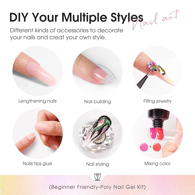 ROSALIND Poly Nail Gel Kit for Beginners - 28 Colors Extension Gel Set with UV/LED Nail Lamp, 72 Accessories (Base/Top Coat, Nail Forms, Tools), Long Lasting Salon Kit for DIY Manicure