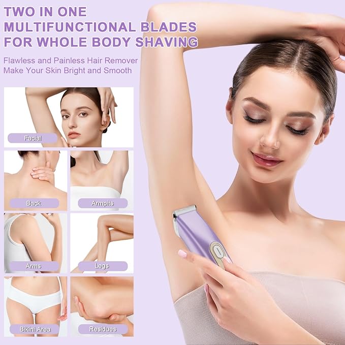 Bikini Trimmer for Women, 2-in-1 Electric Razor for Women, IPX6 Waterproof Wet & Dry Dermave Bikini Shaver, Rechargeable Pubic Hair Trimmer, Electric Shaver for Legs Body Face Hair