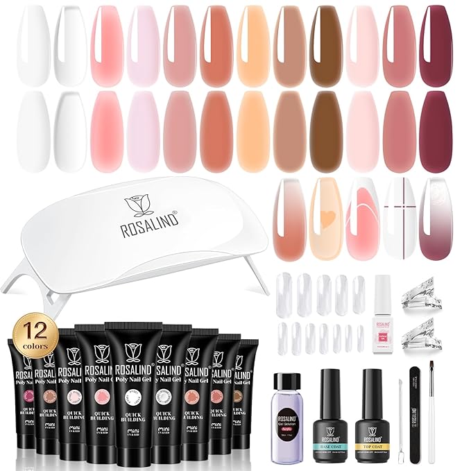 ROSALIND Poly Nail Gel Kit -12 Colors + Nail Art Accessories kit Clear Nude Poly Nails Gel Kit Starter Kit With Slip Solution Pro Nude Pink Nail Extensions Gel Set with Mini UV Lamp