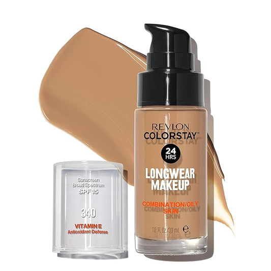 Revlon Liquid Foundation, ColorStay Face Makeup for Combination & Oily Skin, SPF 15, Medium-Full Coverage with Matte Finish, Early Tan (340), 1.0 oz