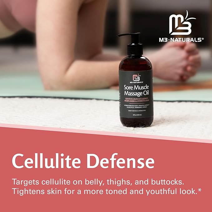 M3 Naturals Arnica Sore Muscle Massage Oil with Collagen, Stem Cells, and Menthol, Anti-Cellulite Therapy for Full Body, Fast-Absorbing Multipurpose Treatment