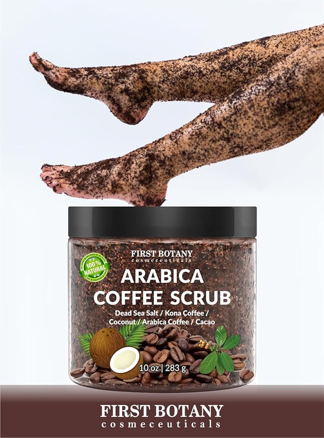 First Botany Cosmeceuticals, 100% Natural Arabica Coffee Scrub with Organic Coffee Coconut & Shea Butter Acne Anti Cellulite & Stretch Mark treatment Spider Vein Therapy, Varicose Veins Eczema, 10 oz