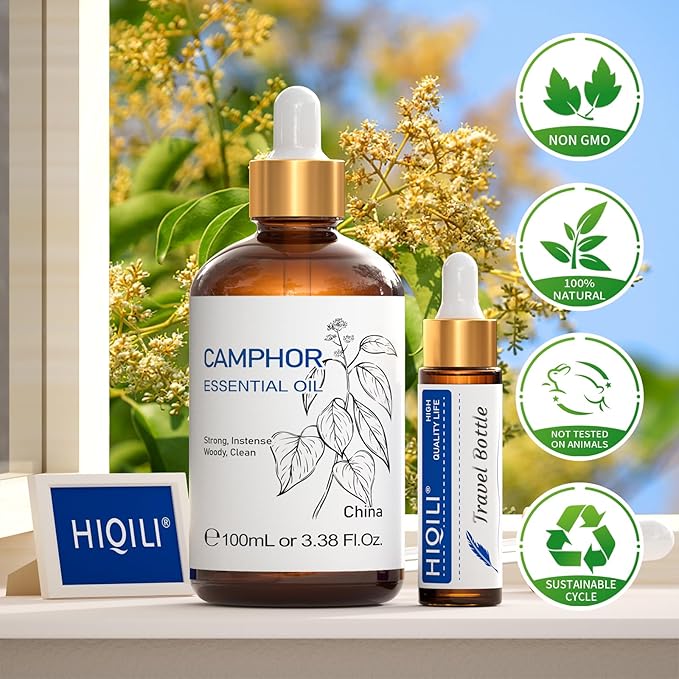 HIQILI 100ML Camphor Essential Oil Pure, 100% Undiluted for Skin, Diffuser, Aromatherapy - 3.38 Fl Oz