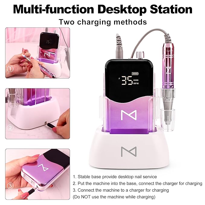 M Mase- Professional Nail Drill Machine - Coreless 2-in-1 Nail File - Electric, Cordless, 35000 RPM, HD Display - Electric Nail Drill for Professional & Home Use (Pink Gold)