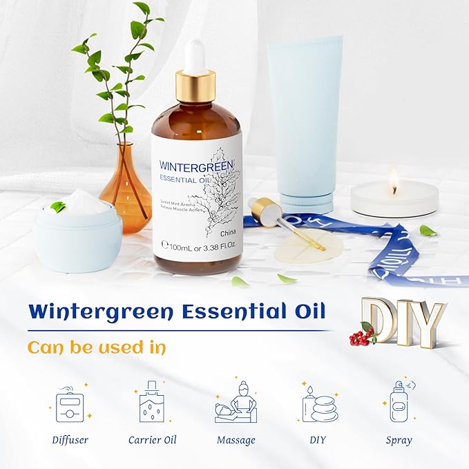 HIQILI Wintergreen Essential Oil,100% Pure Natural,for Diffuser-Inhalation Therapy - 3.38 Fl Oz
