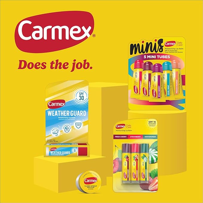 Carmex Daily Care Moisturizing Lip Balm Pack, SPF 15, Strawberry & Cupcake Batter Flavor Variety Pack Bag, 9 Count (7 Sticks, 2 Tubes)