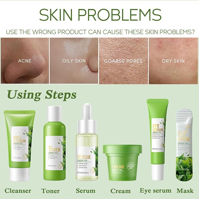 Skin Care Products Set, Green Tea Skin Care Sets, Women Gift Sets,Skin Care Routine Kit with Toner, Serum, Face Cream, Eye Cream Cleanser, Sleep Mask,Korean Beauty Products (SetD)