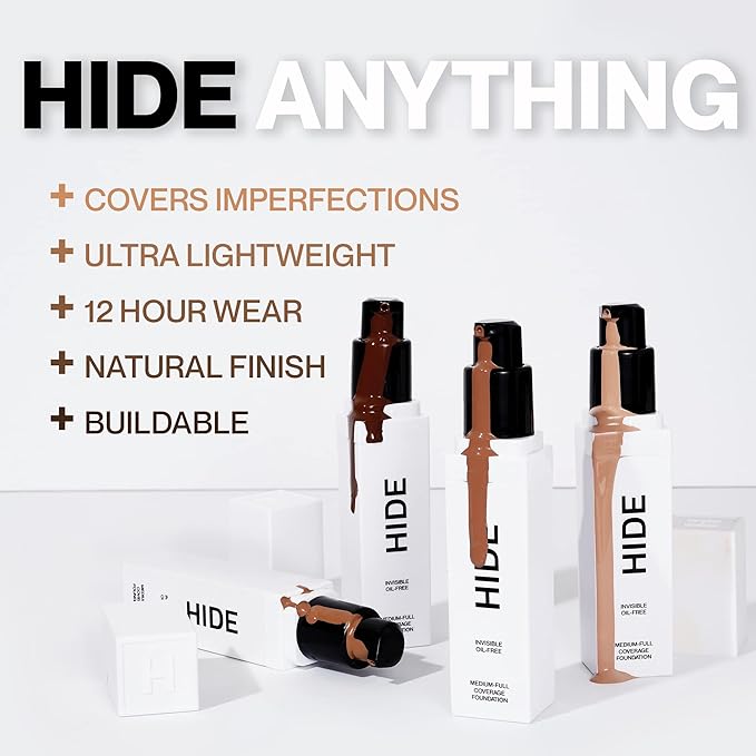 HIDE PREMIUM Liquid Foundation, Multi-Use Waterproof Foundation, Medium/Full Coverage Foundation, Shades for All Skin Types (See Shade Finder), Almond, 1 fl oz