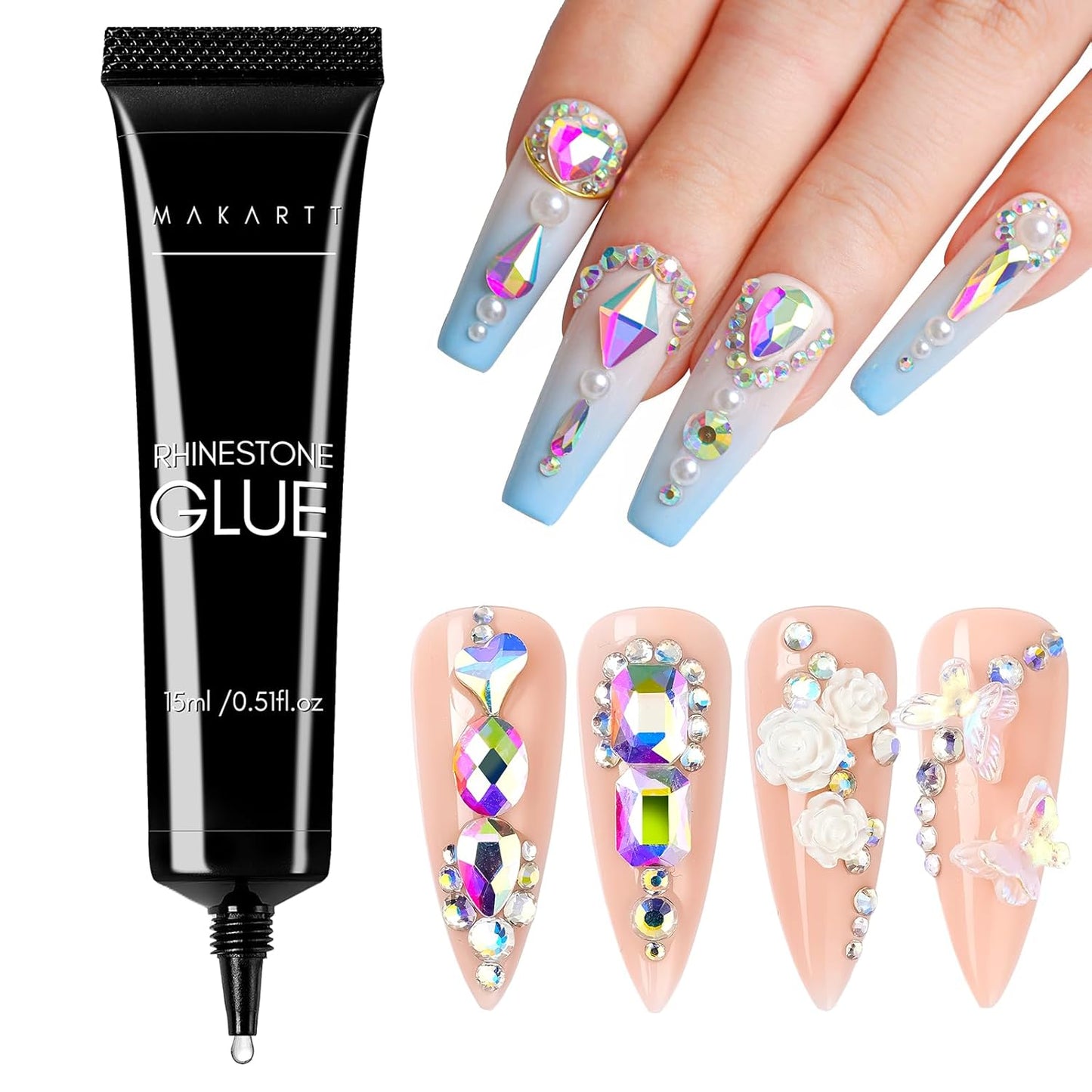 Makartt Nail Rhinestone Glue, Super Strong Gel Nail Glue for Rhinestones, 3D Art Design Charms and Gems, for Jewel Crystal Beads Gems Diamonds, UV/LED Need, Easy Use, 15ML