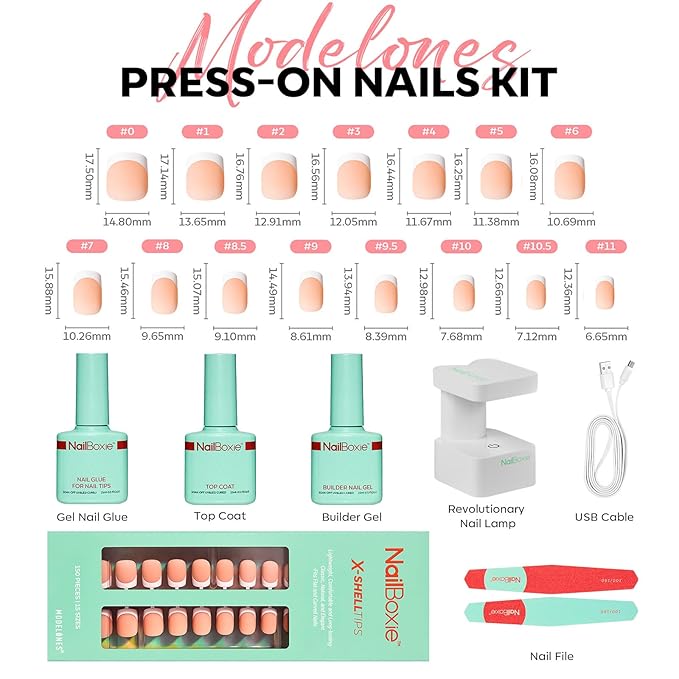 Modelones Gel Nail Kit, Press On Nails Kit with LED Light, 150 PCS Extra Short Pink Square, 15 Sizes French Tip Press on Nails, NailBoxie Pre-Colored Nail Tips for Easy DIY Nail Art