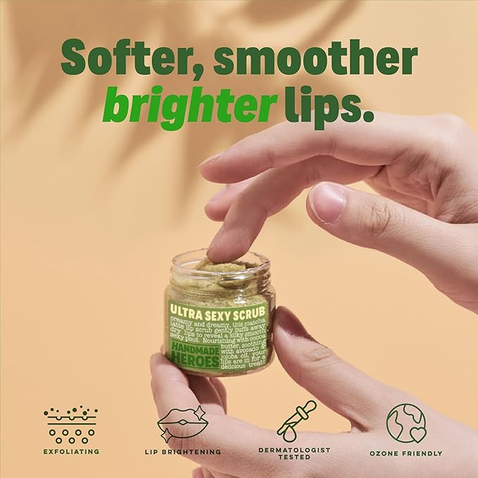 Handmade Heroes Matcha Latte Lip Scrub 1oz | 100% Natural Vegan Skin Care | Deep Conditioning Lip Scrub for Dry Lips with Jojoba Oil Avocado Oil | Natural Lightening Lip Exfoliator & Lip Plumper