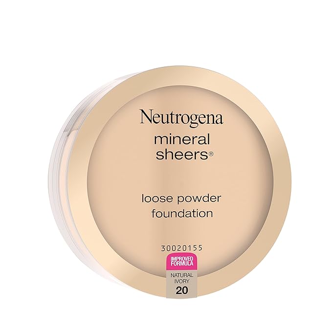 Neutrogena Mineral Sheers Loose Powder Makeup Foundation, Lightweight Face Makeup, Sheer to Medium Buildable Coverage, Sensitive Skin Foundation with Vitamins A, C, & E, Natural Ivory 20, .19 oz