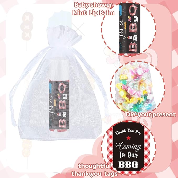 Demissle 50 Pcs Baby Shower Lip Balm Gift Set with 100 Pcs Organza Bags Baby Shower Party Favor for Guest Thank You Tag Rope Baby Shower Party Decoration Gender Reveal Souvenirs (Bbq)