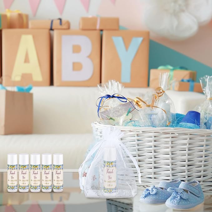 Demissle 50 Pcs Baby Shower Lip Balm Gift Set with 100 Pcs Organza Bags Baby Shower Party Favor for Guest Thank You Tag Rope Baby Shower Party Decoration Gender Reveal Souvenirs (Lemon)